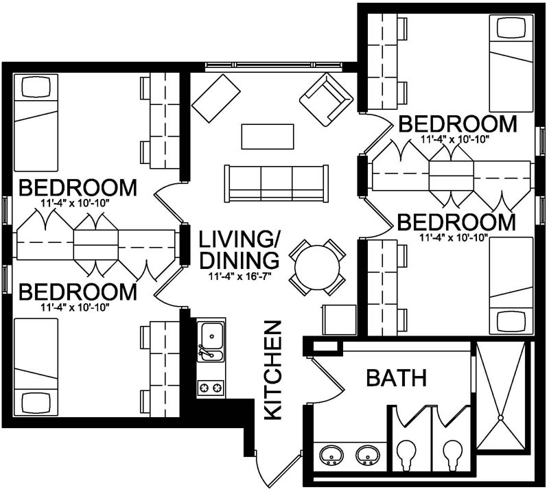 First Year Suites Floor Plan in black and white